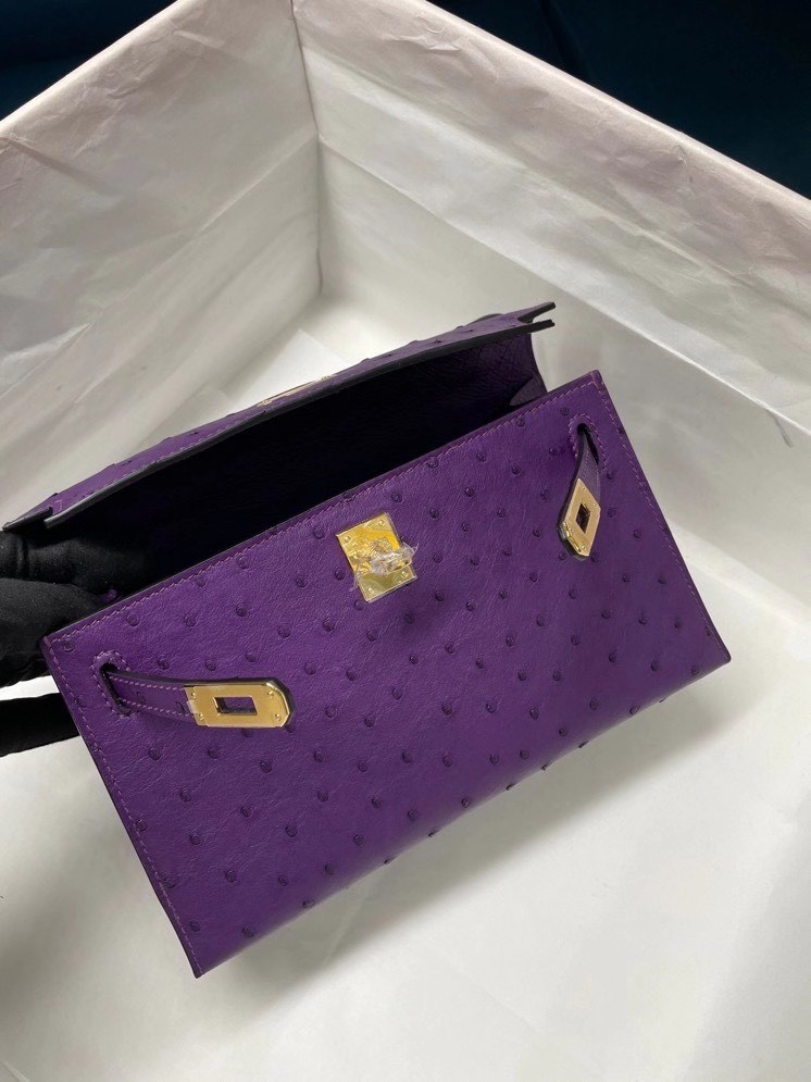 Hermes Mini Kelly Pochette 22cm Bag In Violet Ostrich Leather